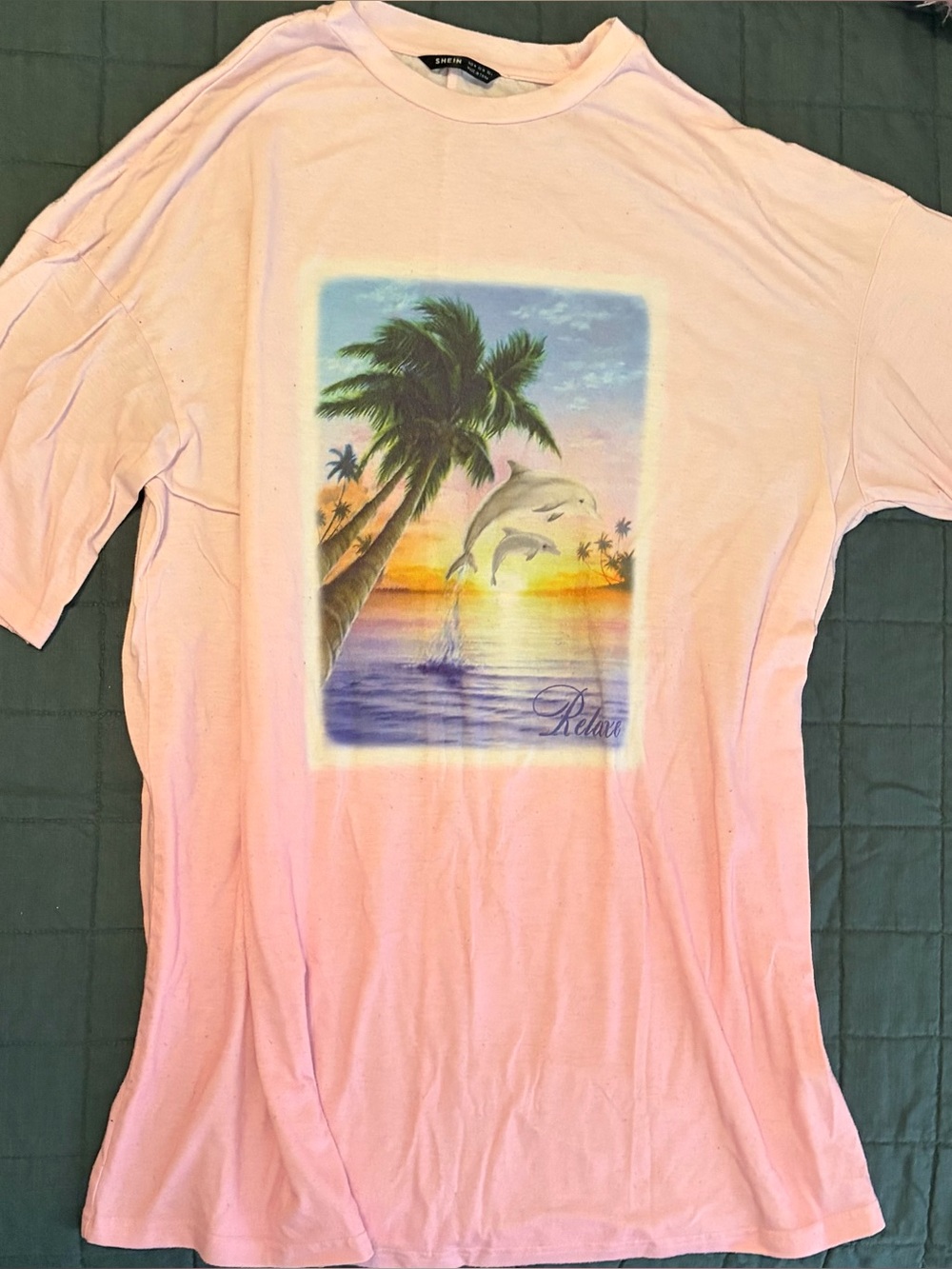 Relax Graphic Tee - Pink Dolphin Sunset women’s sleep Shirt